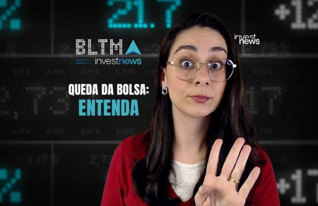 Mulher com óculos e expressão surpresa contra fundo financeiro com texto "QUEDA DA BOLSA: ENTENDA".