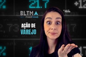 Mulher de olhos arregalados ao lado de "AÇÃO DE VAREJO". Fundo de números e logos da Investnews.