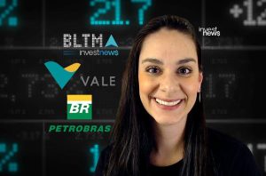 Mulher sorridente em frente a um painel financeiro com logos de empresas como Vale, Petrobras e Investnews.
