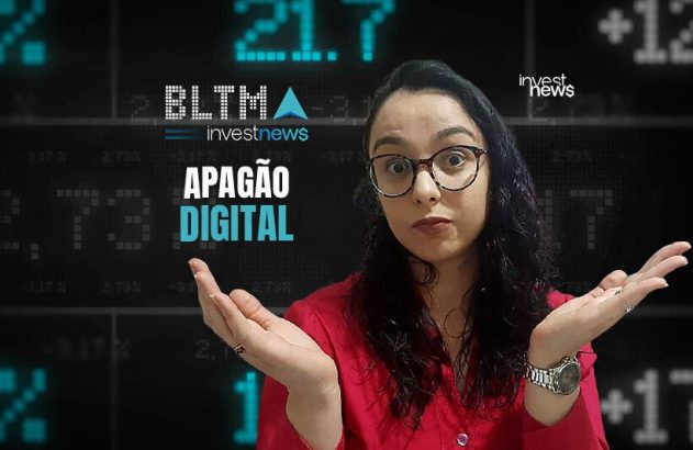 Mulher de óculos, expressão surpresa e mãos abertas. Fundo digital com dados e o texto 'APAGÃO DIGITAL'.