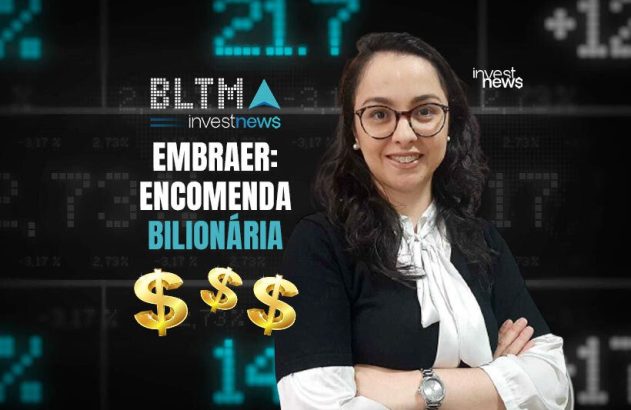Mulher sorrindo, com óculos, ao lado de texto "EMBRAER: ENCOMENDA BILIONÁRIA" e símbolos de dinheiro, em fundo financeiro.