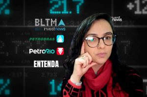 Mulher com óculos em fundo digital de mercado de ações. Logos: Petrobras, PetroRio e 'ENTENDA'.