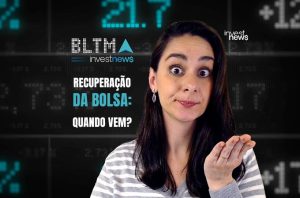 Mulher surpresa perguntando "Recuperação da Bolsa: Quando vem?" em fundo de dados financeiros.