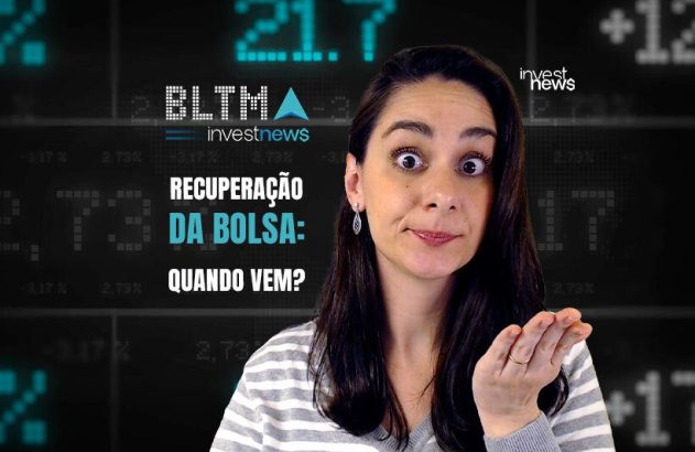 Mulher surpresa perguntando "Recuperação da Bolsa: Quando vem?" em fundo de dados financeiros.