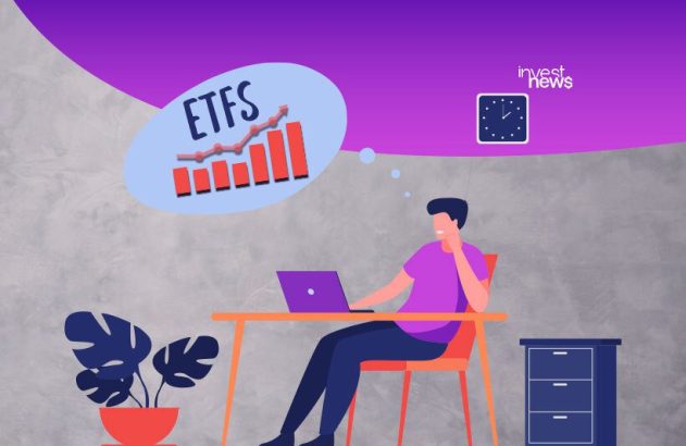 Homem ao laptop pensando em ETFs e crescimento financeiro. Fundo cinza e roxo com logo invest news.