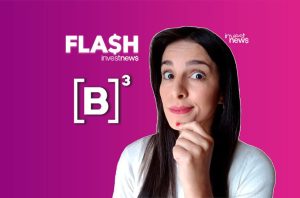 Apresentadora com expressão surpresa e mão no queixo. Logo 'FLASH$ investnews' e '[B]³' em fundo gradiente roxo-magenta.