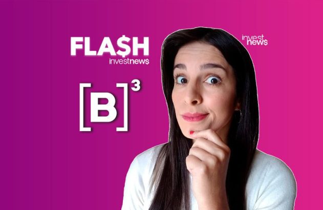 Apresentadora com expressão surpresa e mão no queixo. Logo 'FLASH$ investnews' e '[B]³' em fundo gradiente roxo-magenta.