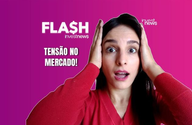Mulher chocada com mãos na cabeça e texto "FLASH$ investnews: Tensão no Mercado!" em fundo roxo.