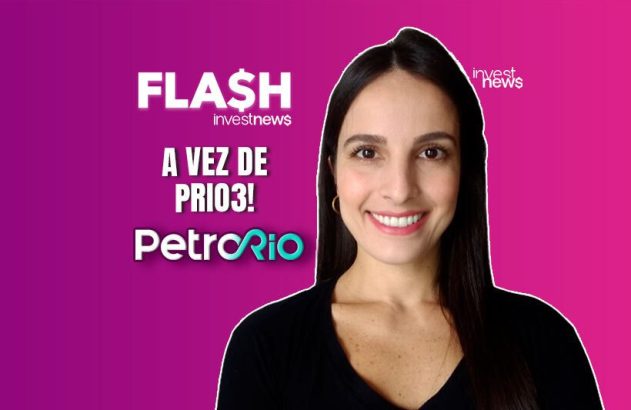 Mulher sorrindo. Fundo roxo com o logo "FLASH investnews" e o título "A VEZ DE PRIO3! PetroRIO". Notícia de mercado.