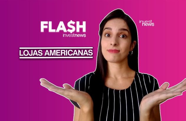 Mulher apresenta "FLASH investnews" e "LOJAS AMERICANAS" em fundo roxo/rosa.