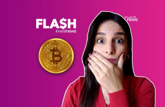 Mulher surpresa, mão na boca, junto a Bitcoin e logo 'FLASH investnews'.