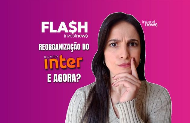 Mulher com expressão pensativa e a mão no queixo. Ao lado, "Flash$ investnews: Reorganização do Banco Inter E AGORA?".