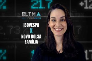 Mulher sorridente e tela com dados de mercado, com texto 'IBOVESPA X NOVO BOLSA FAMÍLIA'.