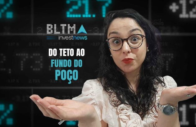 Mulher surpresa em frente a dados financeiros com texto "Do Teto ao Fundo do Poço". BLTMA Investnews.