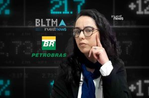 Mulher pensativa com óculos, fundo digital financeiro com logos Petrobras, BR, Investnews e dados de mercado.