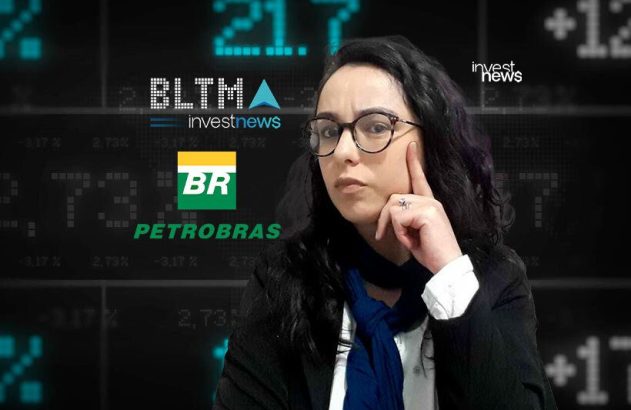 Mulher pensativa com óculos, fundo digital financeiro com logos Petrobras, BR, Investnews e dados de mercado.