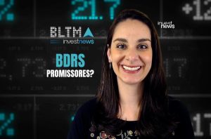 Apresentadora de investnews sorrindo com dados do mercado financeiro e texto "BDRS PROMISSORES?" ao fundo.