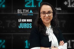 Mulher sorridente com fundo de tela de dados financeiros e o título "LÁ VEM MAIS JUROS" da InvestNews.