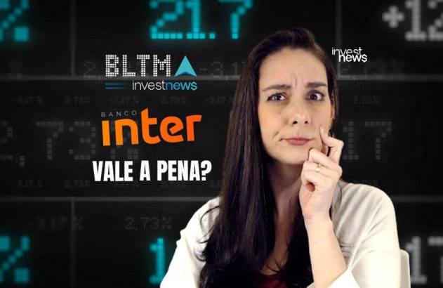 Mulher pensativa, texto "Banco Inter vale a pena?" e fundo com dados financeiros.