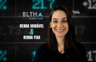 Mulher sorrindo com fundo de dados financeiros. Texto: "Renda Variável & Renda Fixa". Logo Investnews.