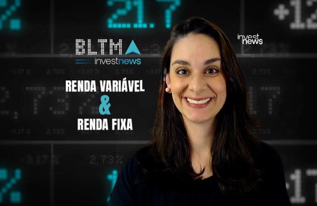 Mulher sorrindo com fundo de dados financeiros. Texto: "Renda Variável & Renda Fixa". Logo Investnews.