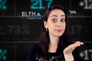 Mulher com olhos arregalados e mão aberta em frente a uma tela com dados financeiros e o logo 'investnews'.