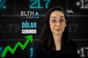 Mulher surpresa, texto 'DÓLAR SUBINDO' e seta de alta em fundo financeiro.