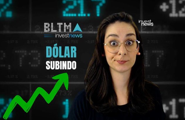 Mulher surpresa, texto 'DÓLAR SUBINDO' e seta de alta em fundo financeiro.