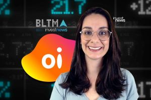 Mulher sorridente com logos "Oi" e "investnews", fundo com dados financeiros.