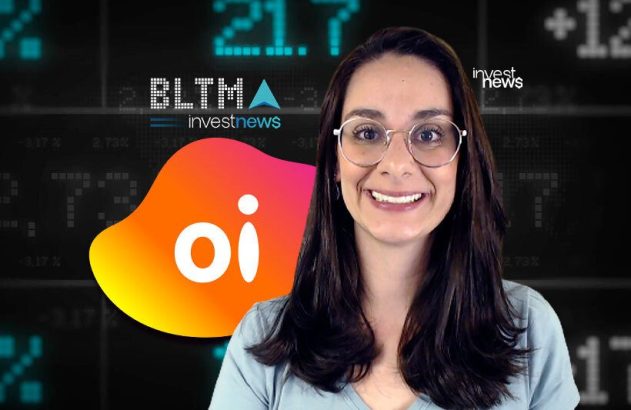 Mulher sorridente com logos "Oi" e "investnews", fundo com dados financeiros.