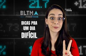 Mulher de óculos, expressão surpresa, faz sinal de paz. Texto: 'DICAS PRA UM DIA DIFÍCIL'. Fundo de dados financeiros da Investnews.