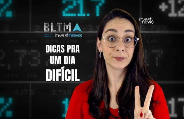 Mulher de óculos, expressão surpresa, faz sinal de paz. Texto: 'DICAS PRA UM DIA DIFÍCIL'. Fundo de dados financeiros da Investnews.