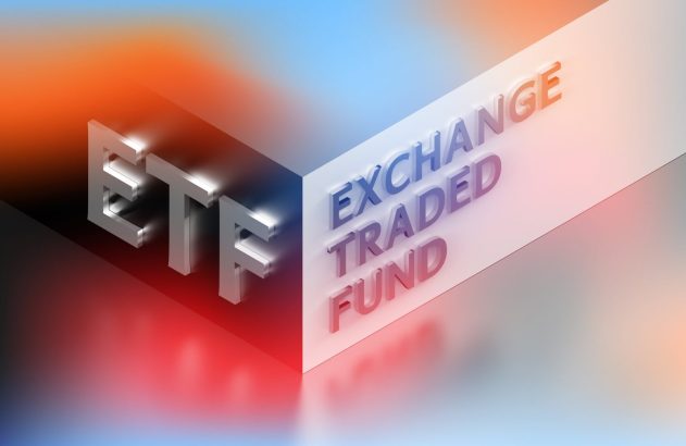 Texto 3D 'ETF' e 'Exchange Traded Fund' em superfície angular com luzes gradientes.