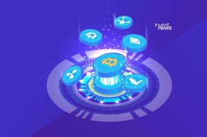 Ilustração isométrica de criptomoedas (Bitcoin, Ethereum, Ripple, Litecoin) flutuando sobre uma base digital.