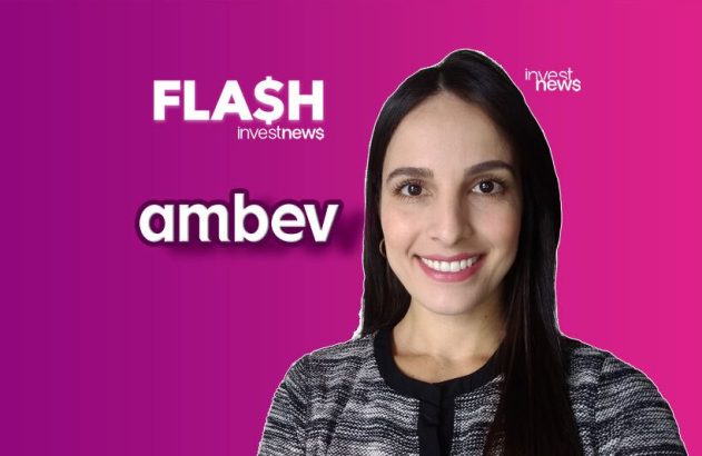 Apresentadora sorri ao lado dos logos 'FLASH investnews' e 'ambev' em fundo degradê roxo e rosa.