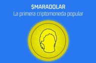 Texto '$MARADOLAR' e 'A primeira criptomoeda popular' sobre moeda amarela com silhueta de Maradona.