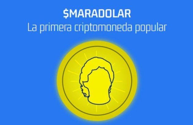 Texto '$MARADOLAR' e 'A primeira criptomoeda popular' sobre moeda amarela com silhueta de Maradona.
