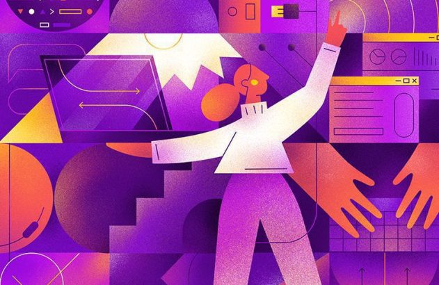 Mulher gerenciando sistemas digitais, interagindo com laptop e dados em ambiente tecnológico abstrato roxo e laranja.