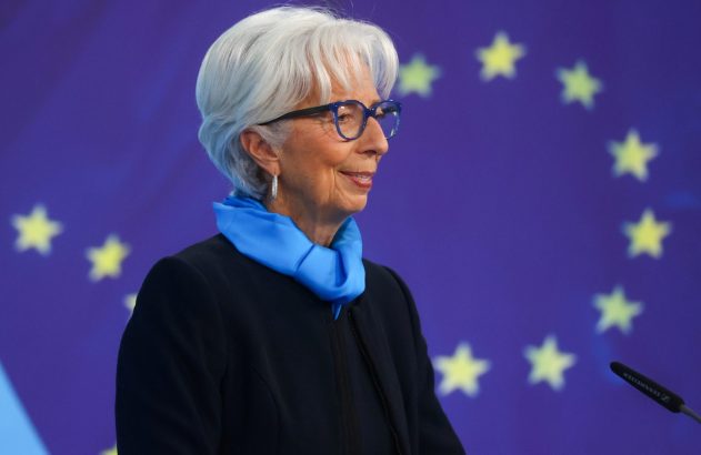 Mulher de cabelo branco e óculos azuis sorri, com lenço azul, em frente a fundo da UE.