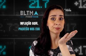 Mulher com expressão surpresa diante de dados financeiros e texto: INFLAÇÃO AQUI, PACOTÃO NOS EUA.