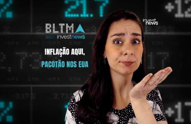 Mulher com expressão surpresa diante de dados financeiros e texto: INFLAÇÃO AQUI, PACOTÃO NOS EUA.
