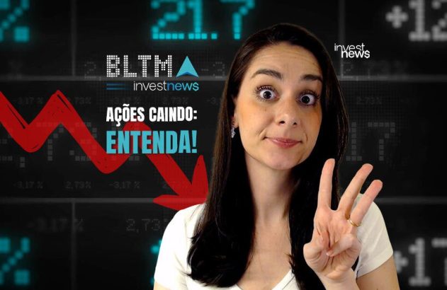 Mulher surpresa, com 3 dedos levantados, diante de gráfico de ações em queda e texto "AÇÕES CAINDO: ENTENDA!".