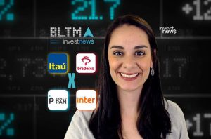 Mulher sorrindo com fundo financeiro e logos de bancos (Itaú, Bradesco, Pan, Inter) e "investnews", comparativo.