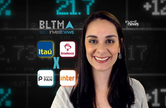 Mulher sorrindo com fundo financeiro e logos de bancos (Itaú, Bradesco, Pan, Inter) e "investnews", comparativo.