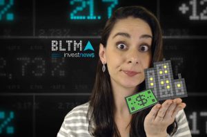 Mulher surpresa segura pixel art de prédio e nota de dinheiro. Fundo exibe dados financeiros e logo 'investnews'.