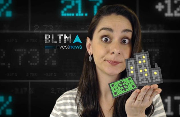 Mulher surpresa segura pixel art de prédio e nota de dinheiro. Fundo exibe dados financeiros e logo 'investnews'.