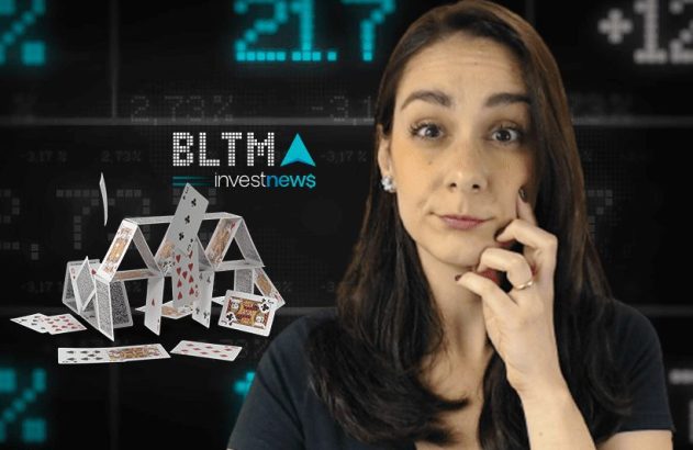 Mulher pensativa ao lado de casa de cartas. Fundo com dados financeiros e logo 'BLTM investnews'.