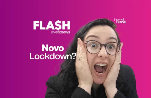 Mulher chocada com mãos no rosto e boca aberta. Texto: 'Novo Lockdown?'. Fundo roxo, logo investnews.