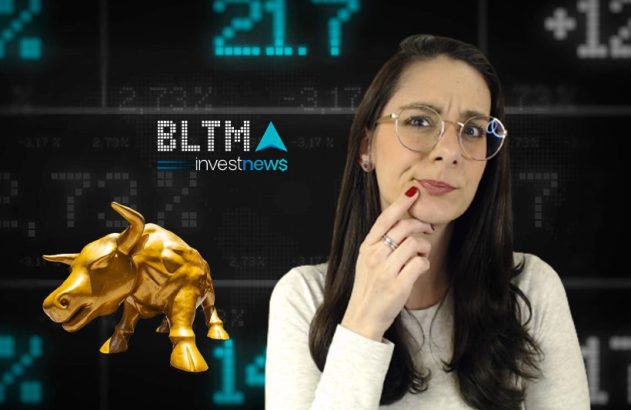 Mulher pensativa com óculos, touro dourado e painel de mercado financeiro com dados e logo 'investnews'.