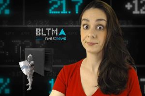 Mulher com olhos arregalados; cavaleiro defende carteira em tela financeira 'BLTMA investnews'.